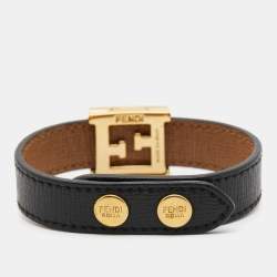 Pre Owned Fendi FF Logo Leather Gold Tone Bracelet