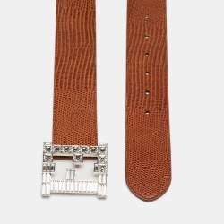 مملوكة مسبقًا Fendi Brown Lizard Embossed Leather FF Crystal Logo Buckle Belt 85 CM