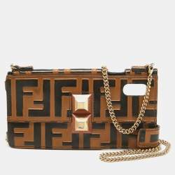 Fendi Brown/Black Zucca Leather iPhone X Case Chain Strap