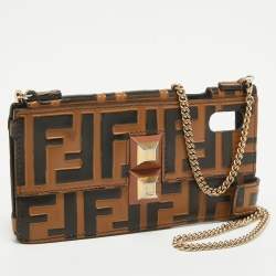 Fendi Brown/Black Zucca Leather iPhone X Case Chain Strap