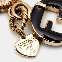 Fendi FF Black Enamel Charm Gold Tone Ring Size 56
