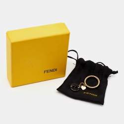 Fendi FF Black Enamel Charm Gold Tone Ring Size 56