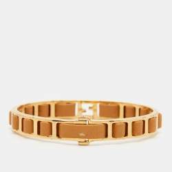 Fendi Fendista Gold Tone Brown Leather Woven Bangle Bracelet