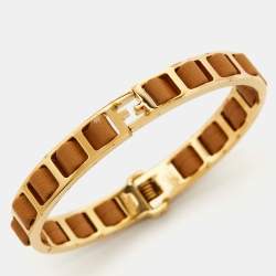 Fendi Fendista Gold Tone Brown Leather Woven Bangle Bracelet