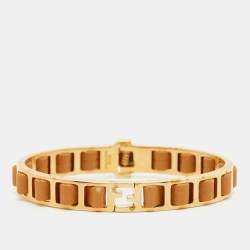 Fendi Fendista Gold Tone Brown Leather Woven Bangle Bracelet