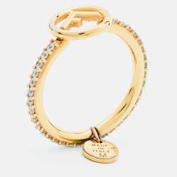Pre Owned Fendi F is Fendi Gold Tone Crystal Logo Ring Size EU 54.5