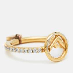 Pre Owned Fendi F is Fendi Gold Tone Crystal Logo Ring Size EU 54.5
