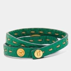 Pre Owned Fendi Selleria Leather Gold Tone Double Wrap Bracelet