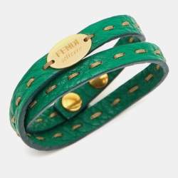 Pre Owned Fendi Selleria Leather Gold Tone Double Wrap Bracelet