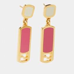 Pre Owned Fendi Gold Tone Pink Enamel Drop Earrings