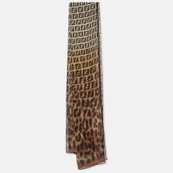Pre Owned Fendi Vintage Brown Zucca/Leopard Print Sheer Silk Scarf