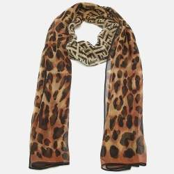 Pre Owned Fendi Vintage Brown Zucca/Leopard Print Sheer Silk Scarf