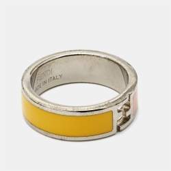 Fendi Fendista Bicolor Enamel Silver Tone Ring Size 55