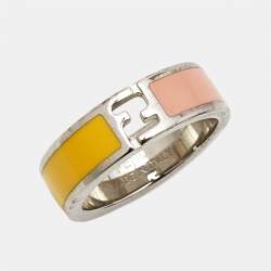 Fendi Fendista Bicolor Enamel Silver Tone Ring Size 55