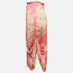 Pre Owned Fendi Pink Rose Print Silk Pleated Asymmetric Midi Skirt S