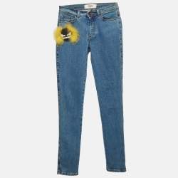 Pre Owned Fendi Blue Fox Fur Applique Denim Skinny Jeans S Waist 24"
