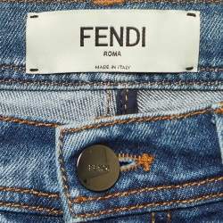 Pre Owned Fendi Blue Fox Fur Applique Denim Skinny Jeans S Waist 24"