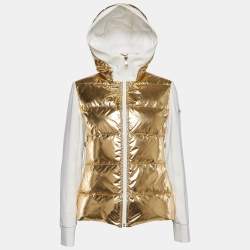 Fendi Gold/White Synthetic & Jersey Quilted Down Hoodie Jacket M