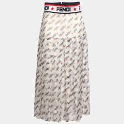 Fendi X Fila White Fendi Mania Print Silk Pleated Midi Skirt M