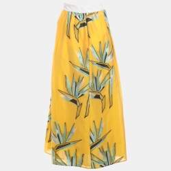 Pre Owned Fendi Yellow Silk Jacquard Birds of Paradise Flower Midi Skirt L