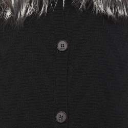 Fendi Black Tonal Chevron Patterned Cashmere Fox Fur Trim Cardigan L