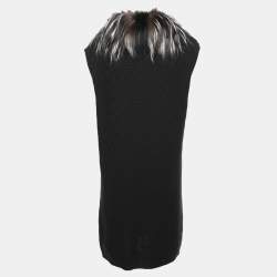 Fendi Black Tonal Chevron Patterned Cashmere Fox Fur Trim Cardigan L