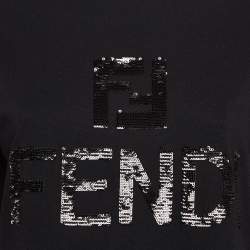 Pre Owned Fendi Black Logo Sequin Embellished Cotton Knit Tape Detail Top XS