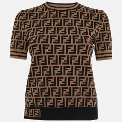 Pre Owned Fendi Brown Zucca Monogram Knit Short Sleeve Pullover S   