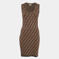 Pre Owned Fendi Brown Zucca Jacquard Knit Sleeveless Bodycon Dress S