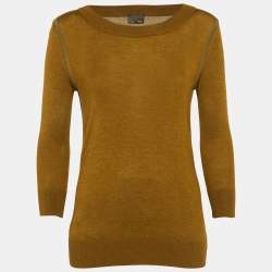Fendi Olive Green Silk Trim Cashmere Knit Long Sleeve Jumper S