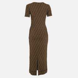 Pre Owned Fendi Brown Zucca Monogram Stretch Mesh Fitted Midi Dress S