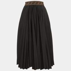 Fendi Black Jersey Logo Waist Band Pleated Midi Skirt S
