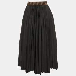 Fendi Black Jersey Logo Waist Band Pleated Midi Skirt S