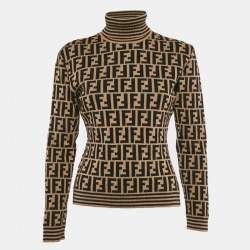 Pre Owned Fendi Vintage Brown Zucca Stretch Knit Turtle Neck Pullover M