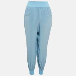 Pre Owned Fendi Blue Silk Side Stripe Detail Pleated Joggers S