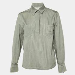 Pre Owned Fendi Grey Cotton FF Pocket Detail Half Placket Top S