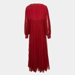 Pre Owned Fendi Red Silk and Crepe Pleated Cocktail Maxi Dress L