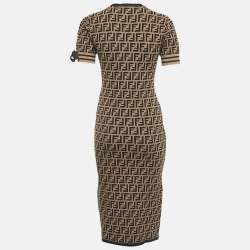 Pre Owned Fendi Brown/Black Zucca Jacquard Knit Bodycon Midi Dress S