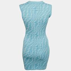 Pre Owned Fendi Blue/White Zucca Jacquard Knit Bodycon Midi Dress S