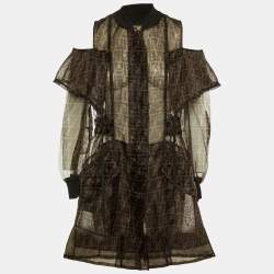 Fendi Brown Zucca Monogram Organza Sheer Cold Shoulder Coat S