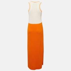 Fendi Orange Logo Print Knit Mesh Panel Detail Sleeveless Long Dress S