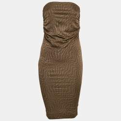 Fendi Brown Monogram Jacquard Knit Ruched Midi Dress S