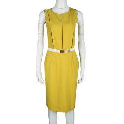 Pre Owned Fendi Yellow Wool Stitch Detail Sleeveless Belted Dress S