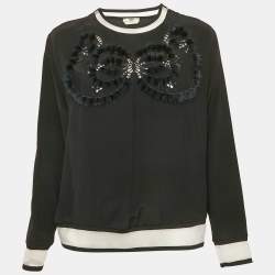 Fendi Black Silk & Fur Detail Long Sleeve Top M