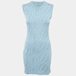 Fendi Blue FF Zucca Monogram Intarsia Knit Sleeveless Mini Dress S