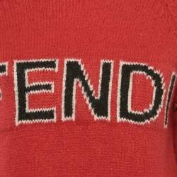 Pre Owned Fendi Red Logo Intarsia Wool Knit Turtle Neck Sweater M