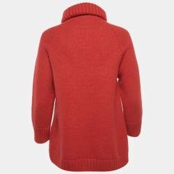 Pre Owned Fendi Red Logo Intarsia Wool Knit Turtle Neck Sweater M