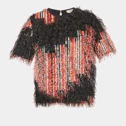 Pre Owned Fendi Orange/Black Printed Synthetic Fringe Fil Coupe Top S