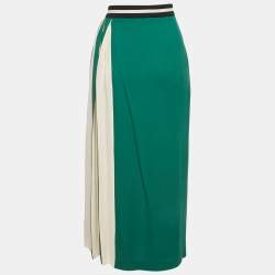 Pre Owned Fendi Green & White Crepe Pleated Midi Skirt S