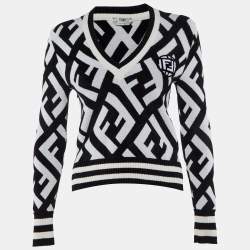 Pre Owned Fendi Monochrome FF Jacquard Knit V-Neck Pullover XS